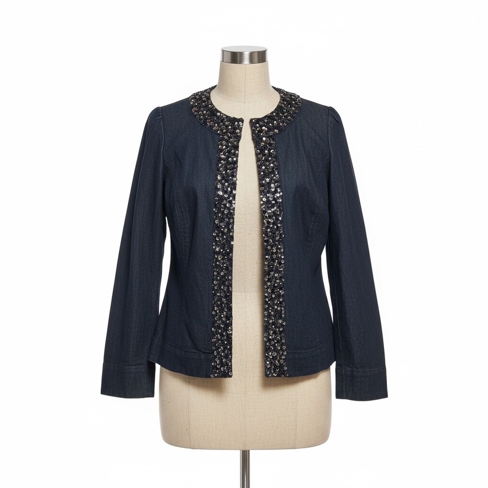 Dressbarn‎ Sequin Trim Denim Jacket Dark Wash Blue Blazer 14/16